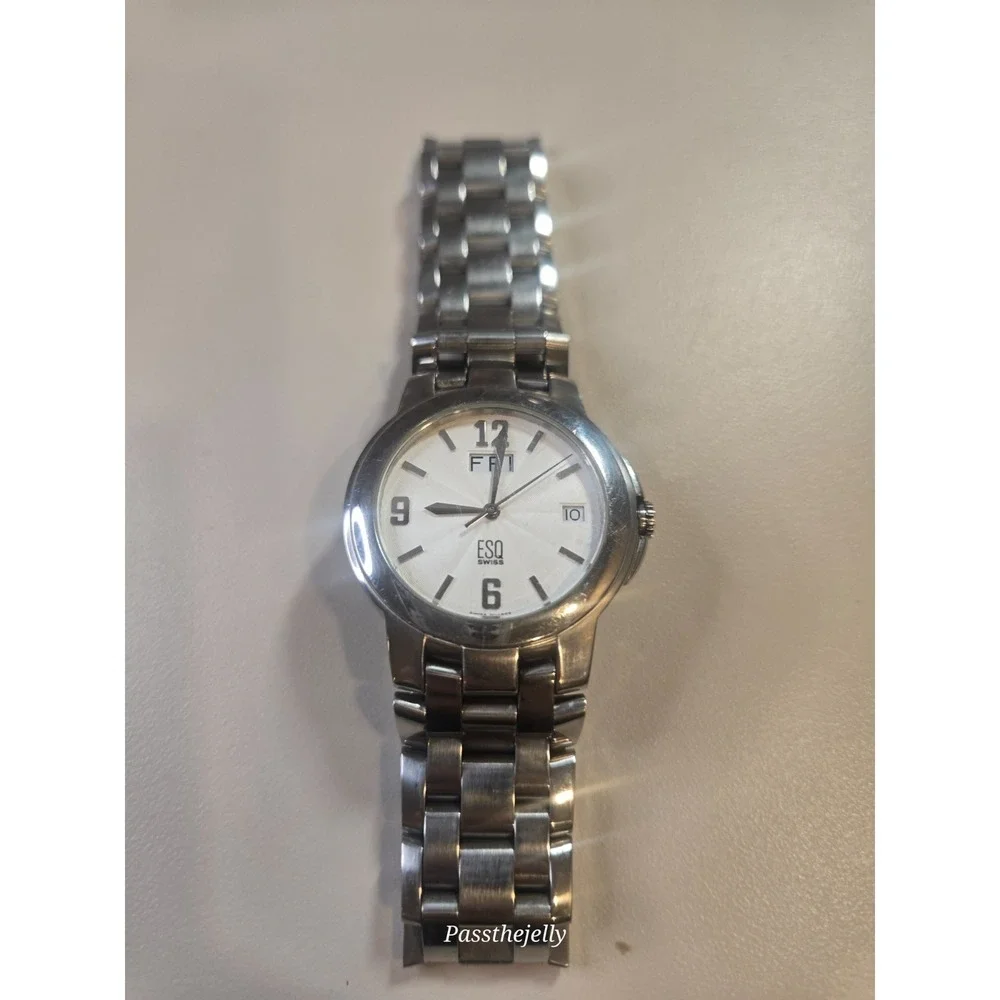 ESQ Swiss Watch Mens White Sunburst Dial Date Stainless Steel Quartz Dress Wrist
